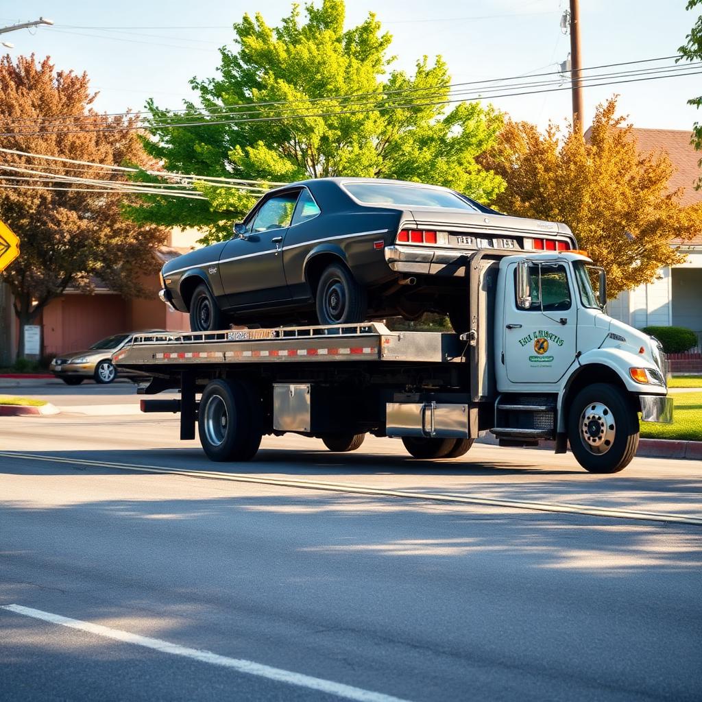 Flatbed tow truck removing a junk car
